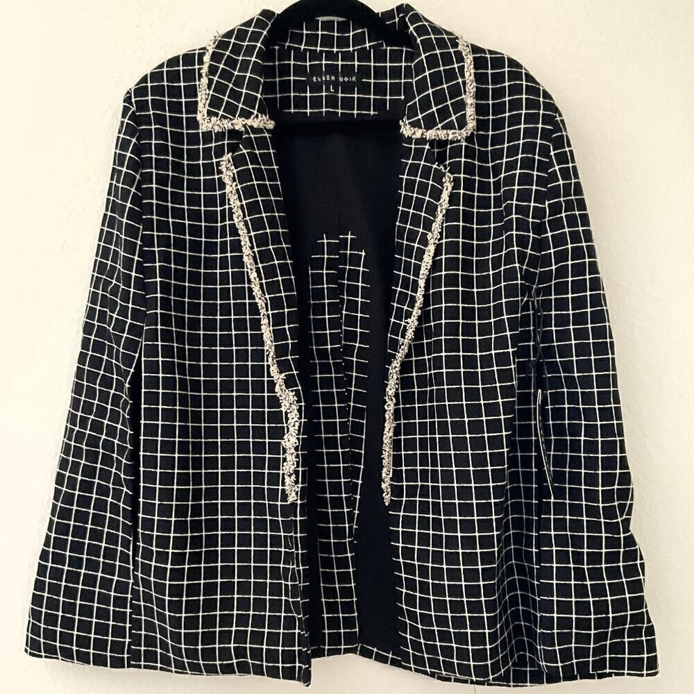 BLUSH NOIR BLACK PLAID CAPE BLAZER LARGE BLACK